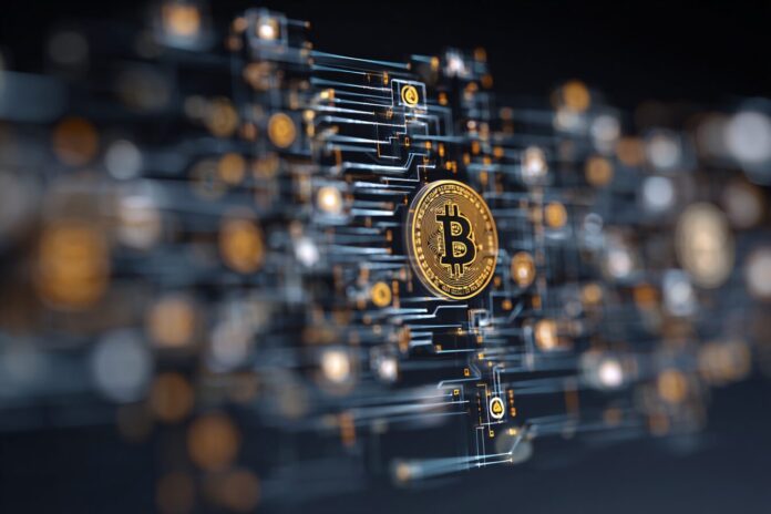 Abstract visualization of quantum computing circuits overlaid with a Bitcoin symbol, suggesting the collision of quantum technology and blockchain.