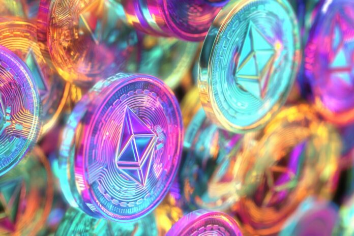 Abstract digital NFT tokens with Immutable and Ethereum logos in vibrant colors