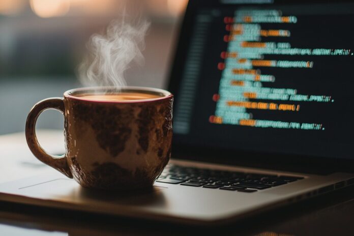 A steaming mug placed beside Java code on a laptop screen, symbolizing Java's continued evolution.