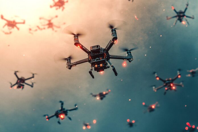 Aerial view of a dense drone swarm flying in coordination over a battlefield.