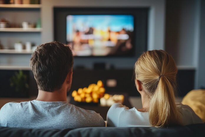 People enjoying streaming content at home on a smart TV, highlighting the shift from cable and broadcast.