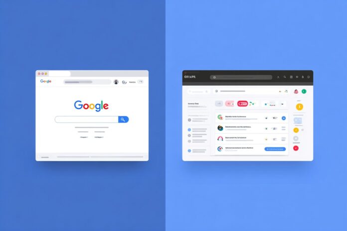 A laptop displaying the ChatGPT Search interface alongside a Google Search page.