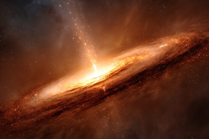 Artist's concept of a supermassive black hole tearing apart a massive star in a distant galaxy