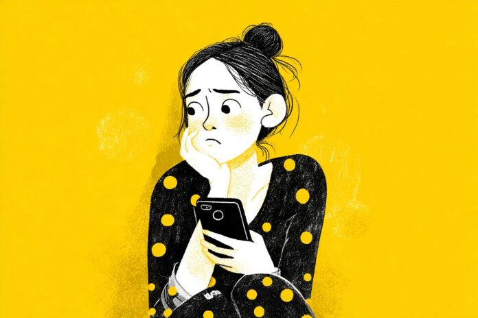 A symbolic image showing a woman looking at her phone with a concerned expression, highlighting the dual nature of technology in personal relationships.