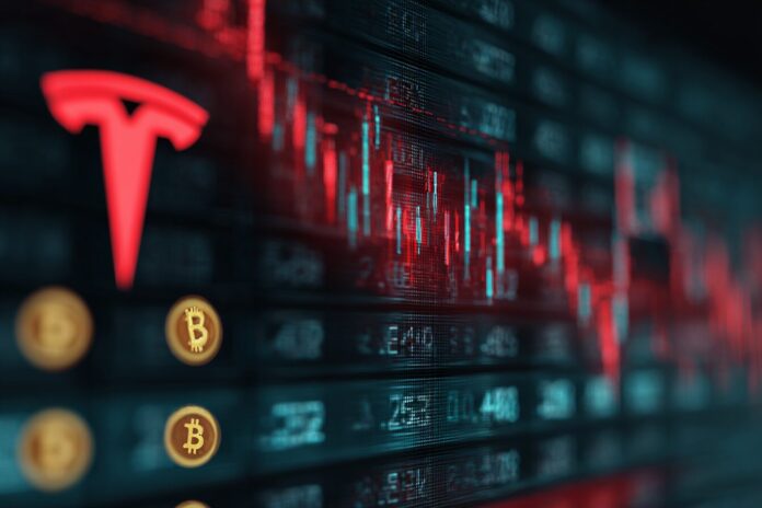 A digital rendering of a stock market board showing rapid downward movement, with the Tesla logo and crypto icons in the foreground.