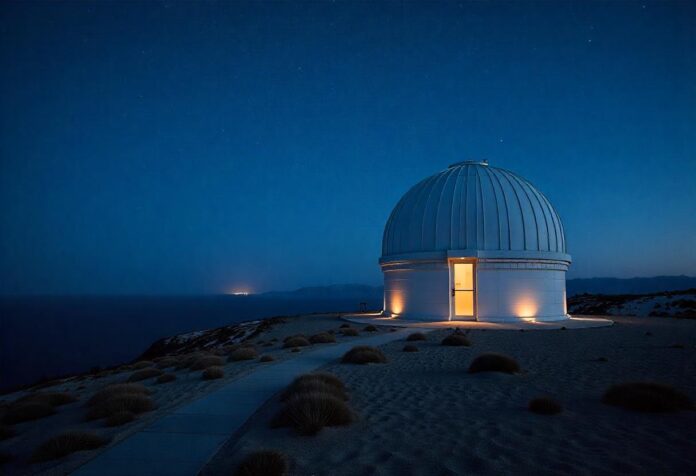 A night view of the Vera Rubin Observatory's dome with stars visible in the background.