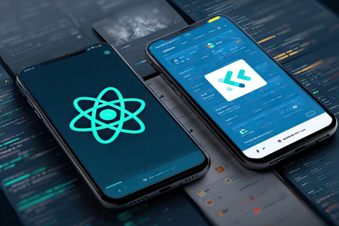 Split-screen comparison of React Native and Flutter logos over mobile UI mockups