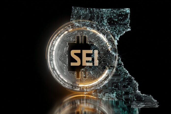 A digital coin with the Sei Network logo superimposed over the Wyoming state outline, representing blockchain adoption in state finance.