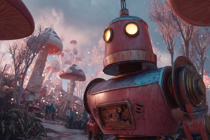 Midjourney AI-generated image of a Disney-style robot in a surreal scenario