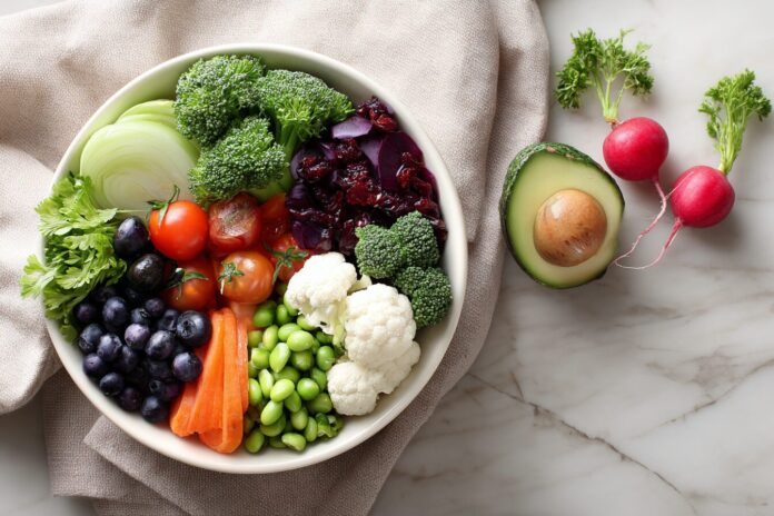 A healthy meal with diverse fruits and vegetables served in a modest portion, symbolizing calorie restriction.