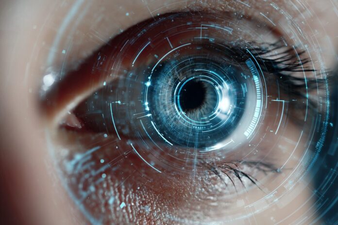 A close-up of a person’s eye being scanned by a futuristic orb device in a bright, tech-savvy environment.