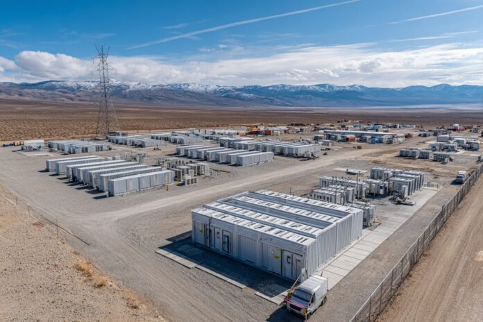 Aerial view of repurposed EV batteries forming a large microgrid powering a data center in Nevada.