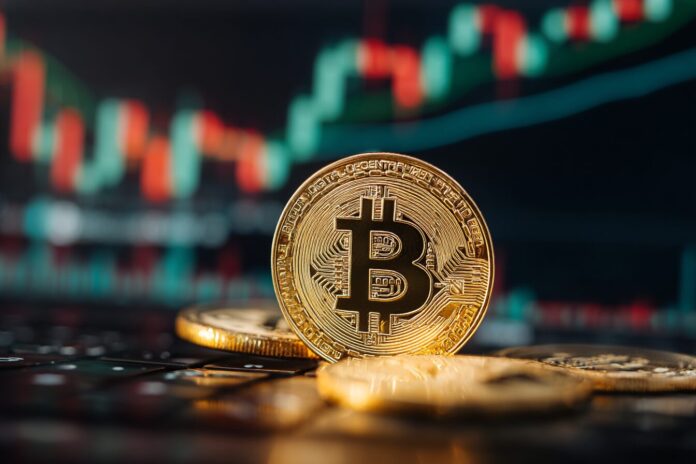 Gold coin with Bitcoin symbol glowing in front of a turbulent stock market display.