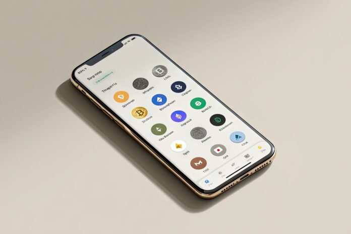 Rendering of a smartphone displaying the Trump crypto wallet interface with various crypto assets.