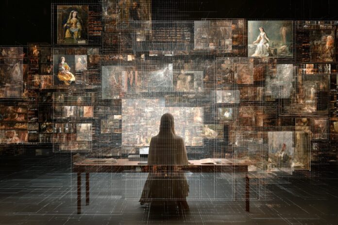 Abstract representation of AI analyzing historical artworks and literature