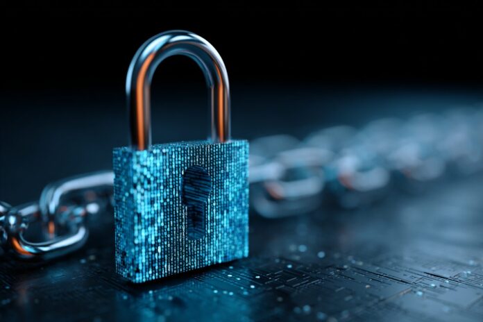 Digital lock on blockchain background symbolizing cyber-heist security breach.