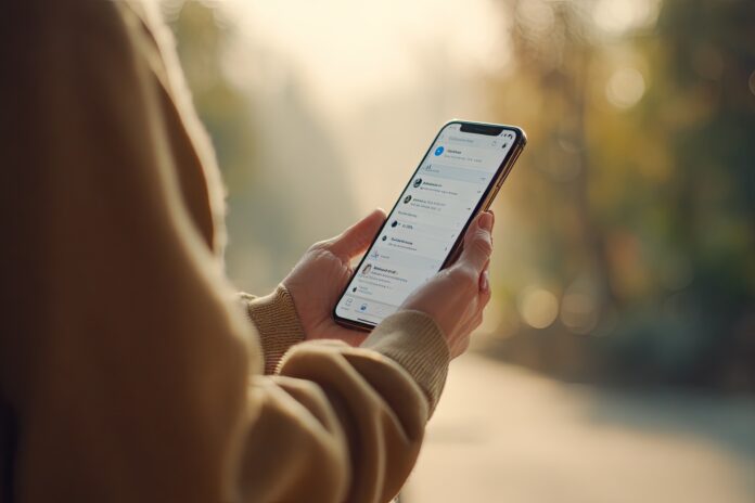 Person holding a smartphone showing the Bluesky app interface