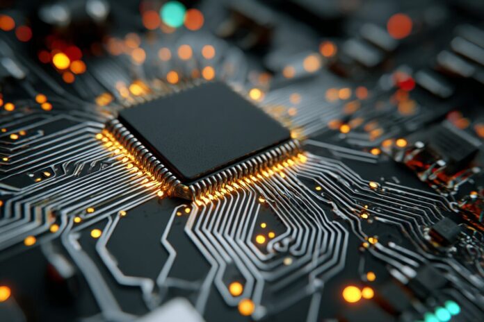 Semiconductor chip close-up highlighting intricate circuit design patterns.