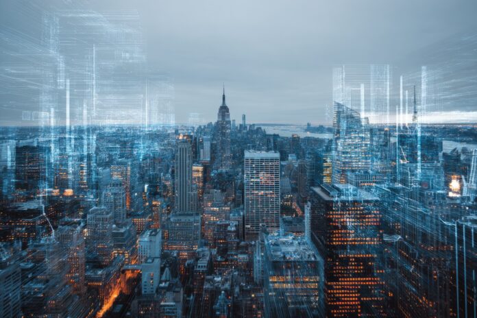 A dynamic cityscape with digital AI visual overlays, symbolizing North America's dominance in AI VC funding
