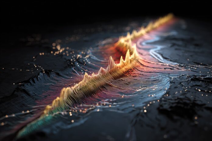 Seismic waves from a small earthquake moving through layers of Earth, illustrated as faint ripples near a major fault line.
