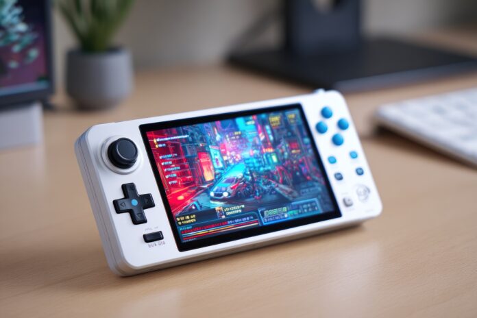 SuiPlay0X1 handheld gaming device on a desk, with vibrant screen and sleek white chassis displayed