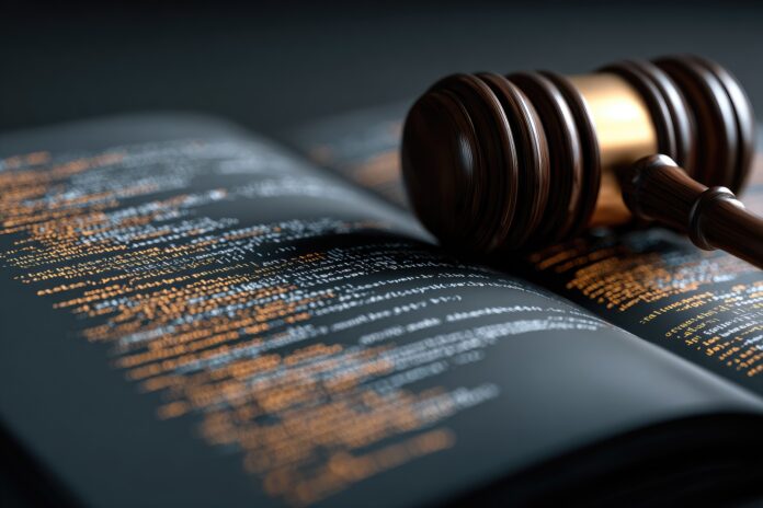 A gavel resting on a legal textbook with AI-generated code faded into the background