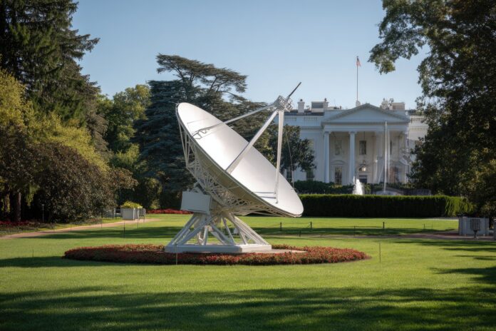 Close-up of a Starlink satellite dish on the White House lawn