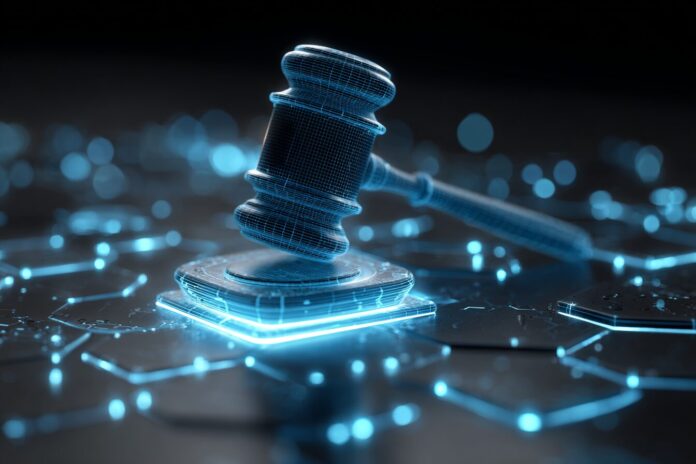 A digital gavel hovers above a glowing DeFi protocol interface, symbolizing regulatory oversight on blockchain innovation.