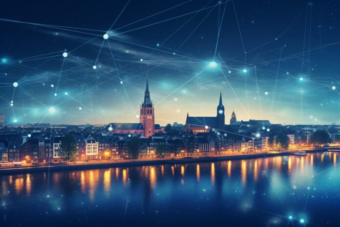 Amsterdam cityscape with digital network overlay representing AI integration in urban systems.
