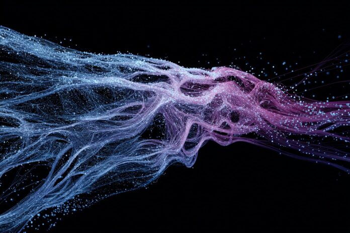 Abstract visualization of massive data streams flowing into an AI neural network.