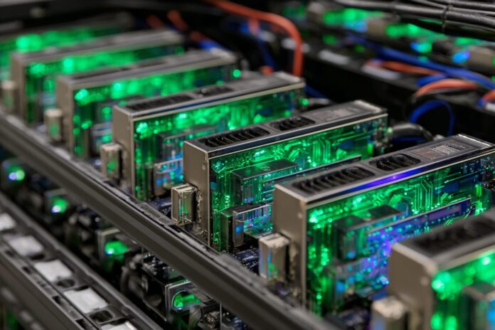 Close-up of AMD Instinct MI400 GPU accelerators in a modern data center rack.