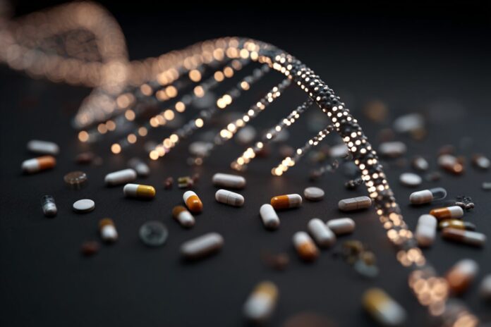 A futuristic DNA helix surrounded by symbols representing different weight loss medications and the concept of precision medicine.