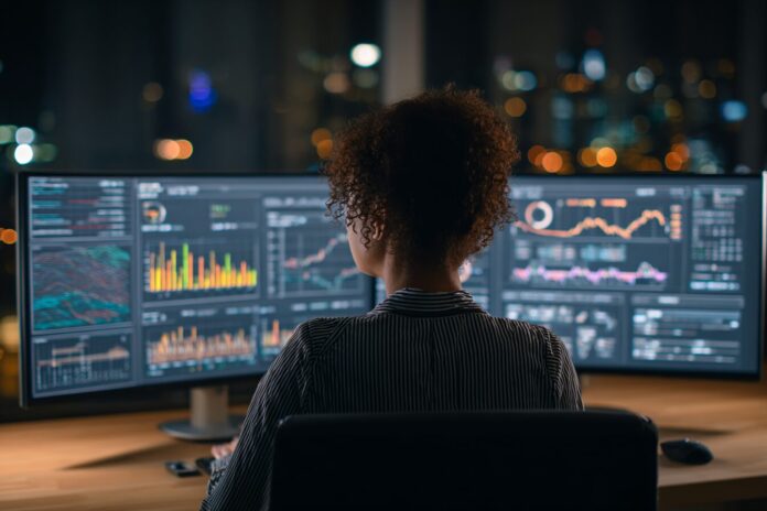 AI-powered data analysis in a modern bank compliance office.