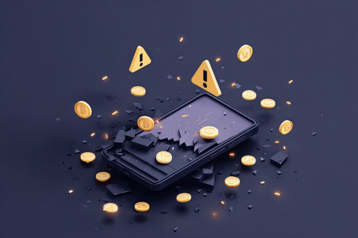 Illustration of a shattered digital wallet with floating coins and alert warnings