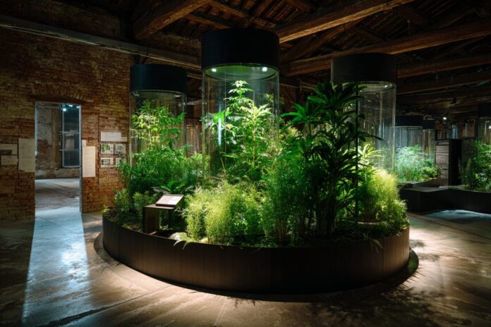 AI-driven plant biosphere installation with sensors monitoring plant health at the Belgian Pavilion, Venice Architecture Biennale 2025.