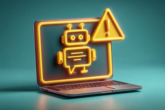 A laptop displaying a chatbot interface with warning signs about misinformation.