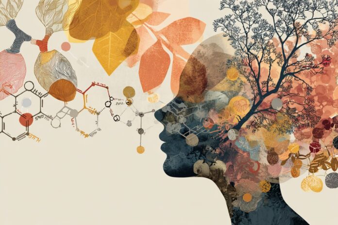 Illustration of a human silhouette with molecular structures around key organs, representing biological aging at midlife.
