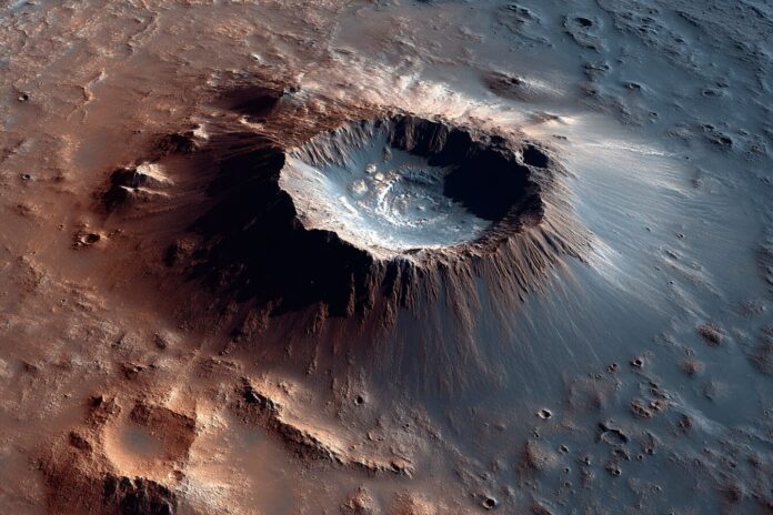 Aerial view of Jezero Mons, a newly identified volcano on the rim of Mars’ Jezero Crater