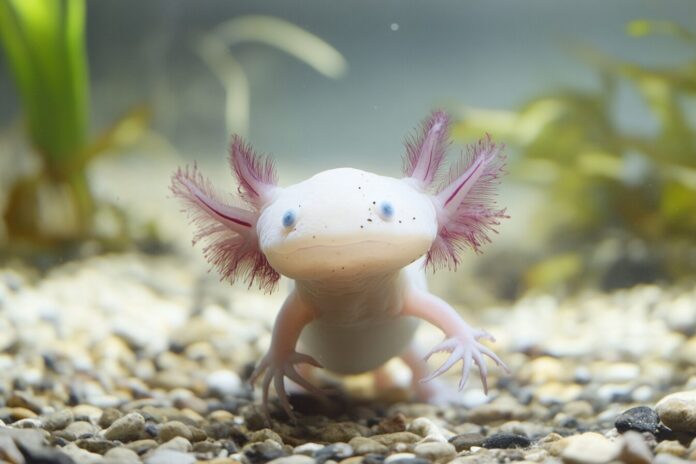 Axolotl with a newly regrown limb standing in a shallow aquarium.