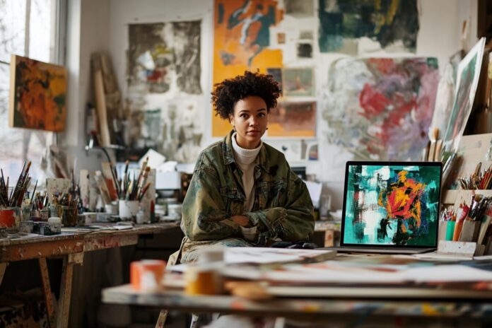 A thoughtful artist sits in a studio, surrounded by both traditional art supplies and a laptop displaying AI-generated images.