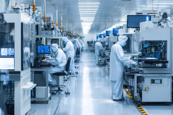 Modern semiconductor fabrication facility with robotic arms and cleanroom technicians inspecting chips