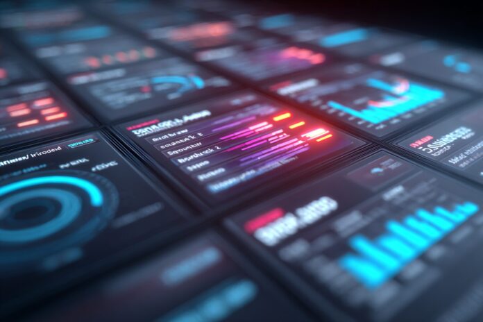 A futuristic data center dashboard highlighting incident alerts and AI-powered insights.