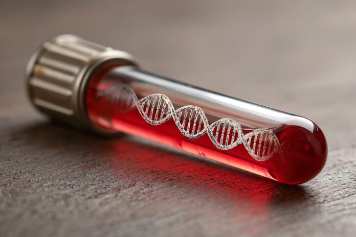 Blood sample tube with DNA symbols representing early cancer detection.