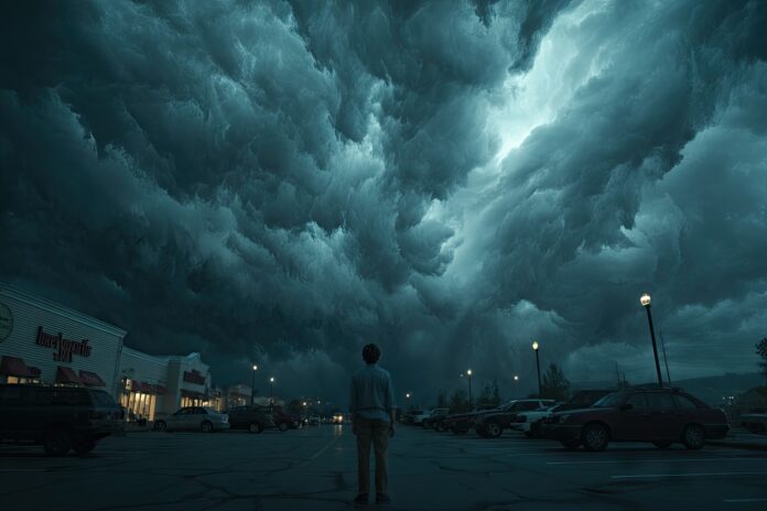 A foreboding scene of Hawkins with ominous clouds signaling the Upside Down’s threat.