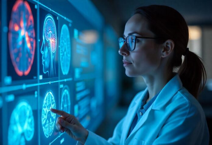 Neuroscientist analyzing neurons on a digital brain scan display