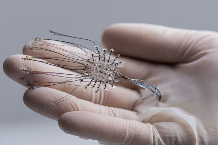 Paper-thin brain implant electrode array resting on a gloved hand