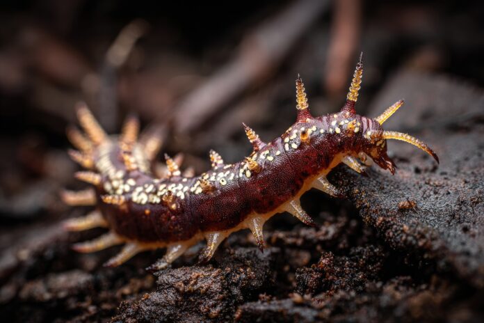 Close-up of a velvet worm ejecting slime to trap its prey