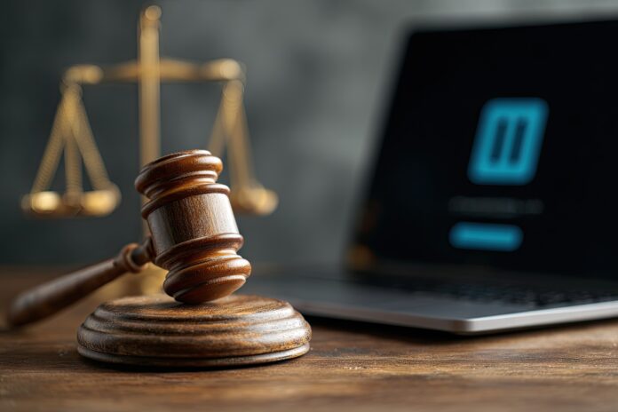 A gavel and scales of justice beside a laptop showing the ChatGPT login screen, symbolizing the intersection of law and AI privacy.