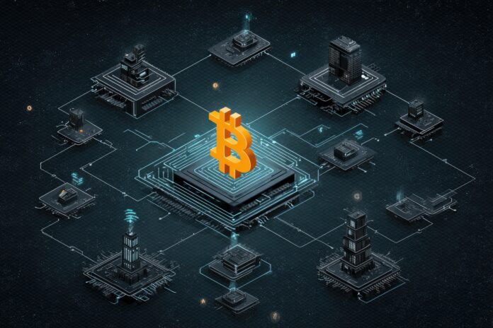Bitcoin scaling and Ark protocol concept illustration.