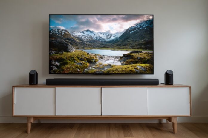 Sonos Arc Soundbar neatly placed in front of a mounted TV on a minimalist stand.